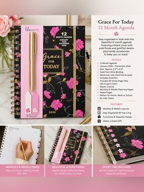 lilaGRACE - NWT 2026 Spiral Black & Pink Floral Planner with Pen & Sticky Tabs